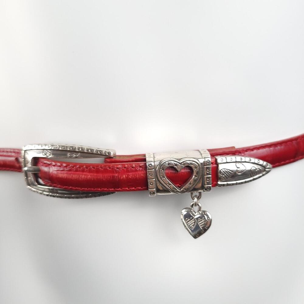 Brighton Belt Women L Red Leather Silver Hardware Heart Charm Skinny Casual